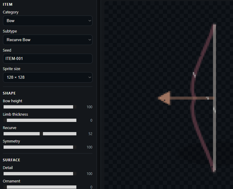 A bow preview alongside item editing controls