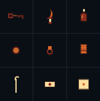 Generated pixel-art keys, potions and equipment