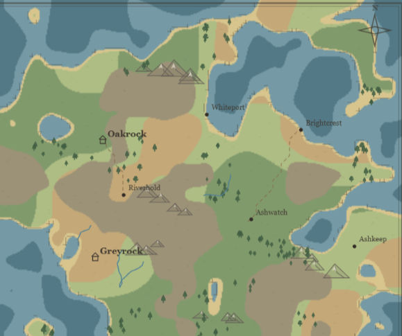 A generated fantasy map with mountains, rivers and settlements